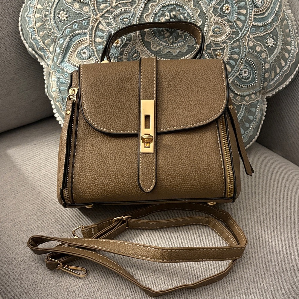 Taupe Pebbled Leather Handbag Crossbody Bag